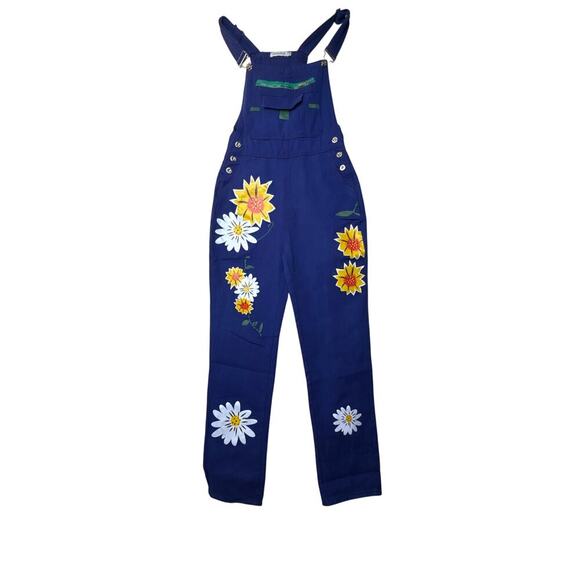 Misslook Denim - Miss Look Floral Overalls Women’s Medium Dark Blue 100% Cotton Tapered Leg